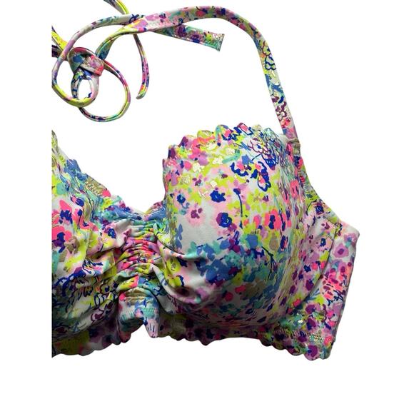 Victoria Secret Swim Womens 36D Bikini Halter Top Floral Pink Scalloped Full Cup - Picture 1 of 9